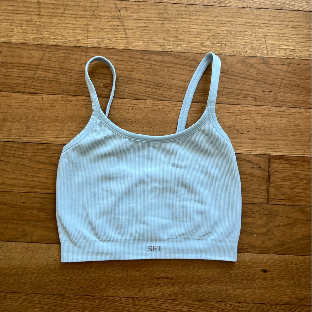 Blue Set Active Strappy Cropped Workout Halter Top with Open Back